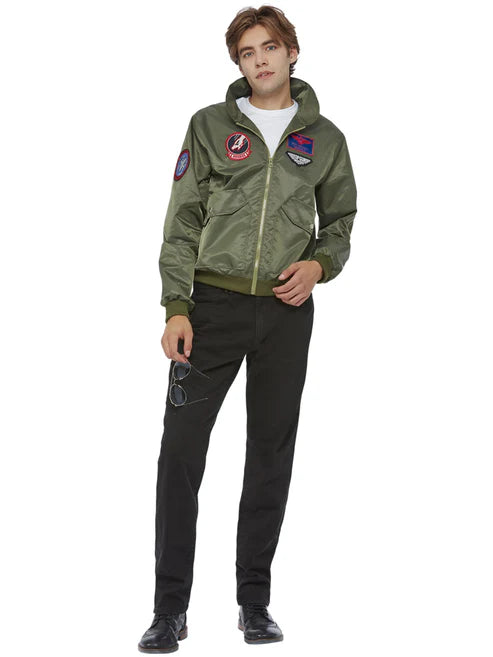 Top Gun Maverick Bomber Jacket Costume Green with Applique Badges