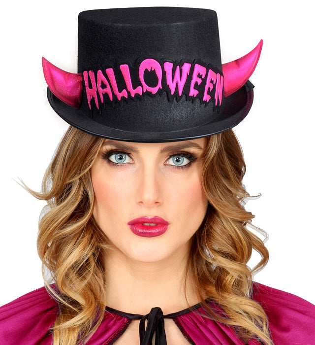 Top Hat Halloween Felt With Pink Reflective Horns 11 Cm