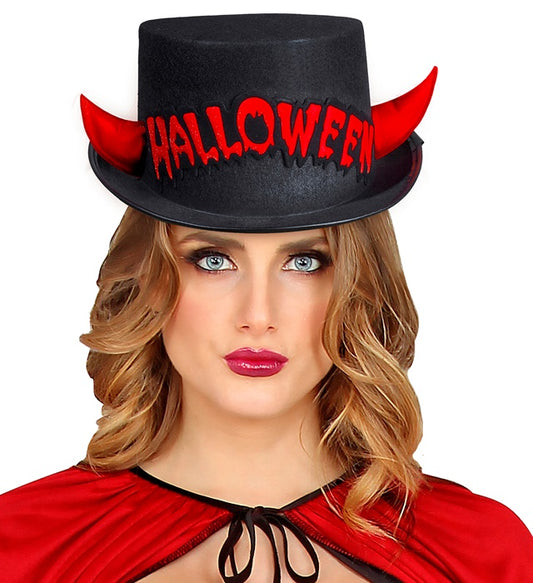Top Hat Halloween Felt With Red Reflective Horns 11 Cm