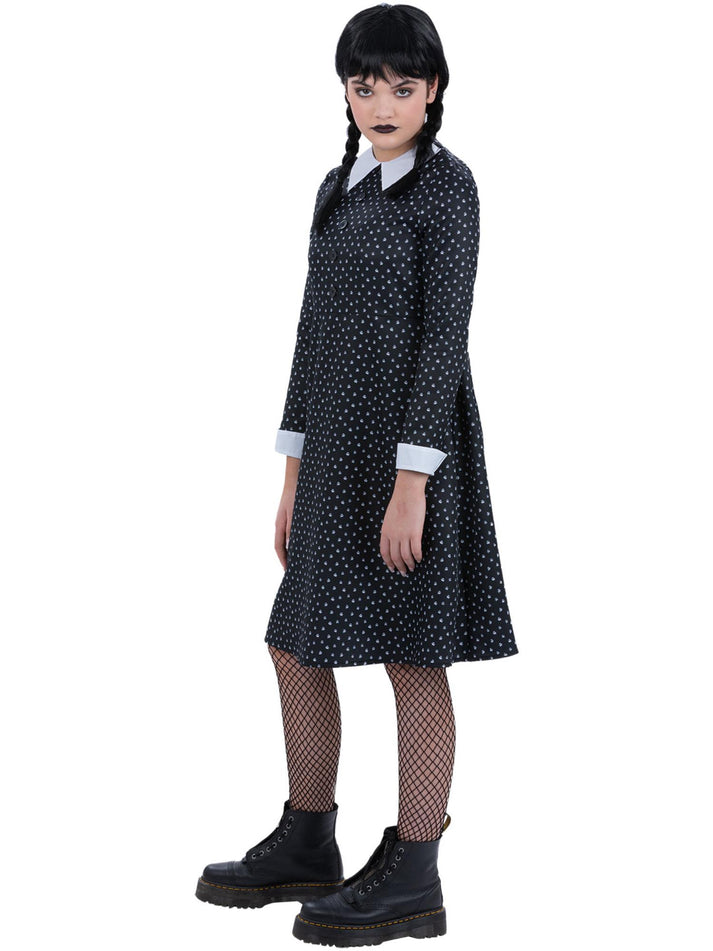 Kids Gothic School Girl Costume Spotted Black Wednesday Dress