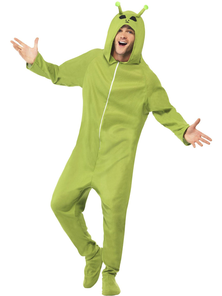 Adult Alien Costume Green All In One with Antennae Topped Hood