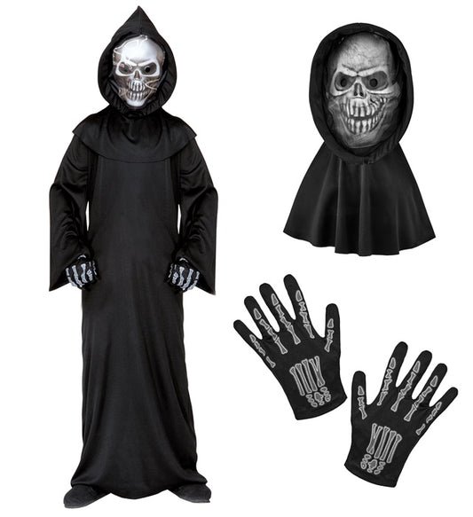 Grim Reaper Robe, Hooded Holographic Skull Mask, Bone Gloves