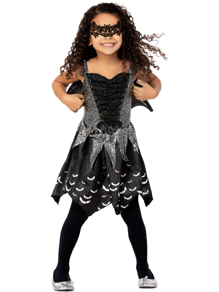 Dark Bat Fairy Costume Child Black Silver Dress Wings and Eyemask