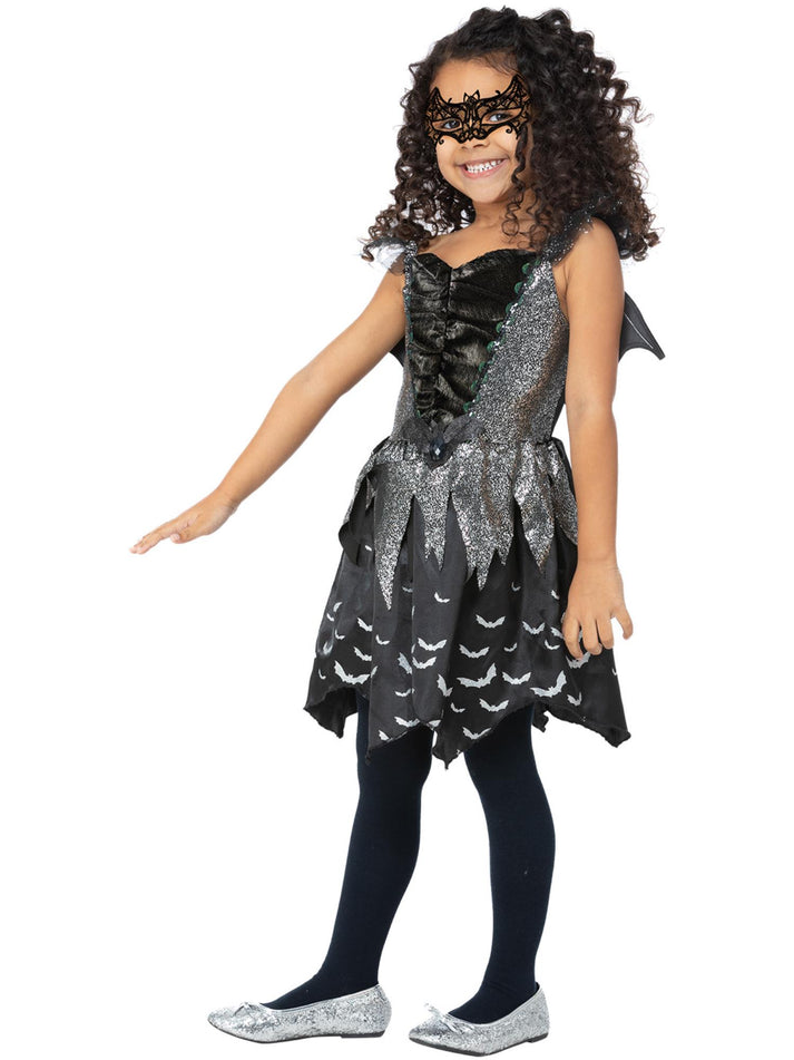 Dark Bat Fairy Costume Child Black Silver Dress Wings and Eyemask