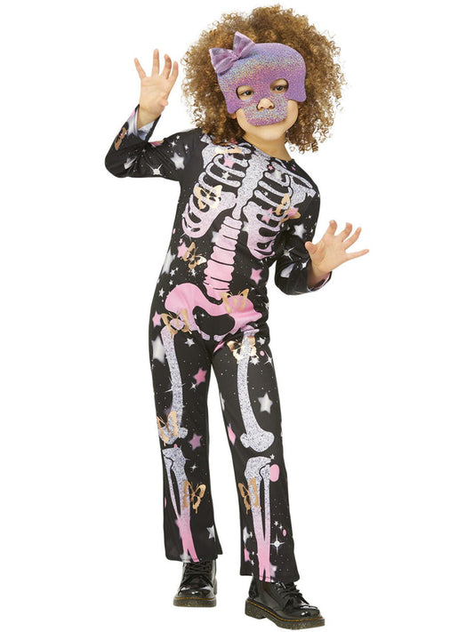Skeleton Rose Gold Sparkle Costume Child Black Pink Onesie with Glitter Felt Mask 2