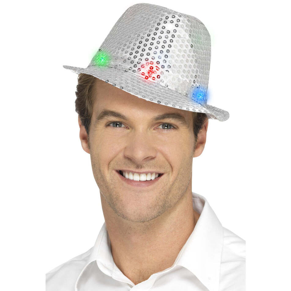Light Up Silver Sequin Trilby Hat Adult with Multi Function LED Lights 1