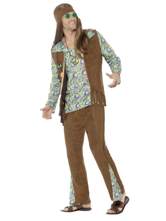 60s Hippie Costume for Men Brown Waistcoat Trousers Medallion Headband 2