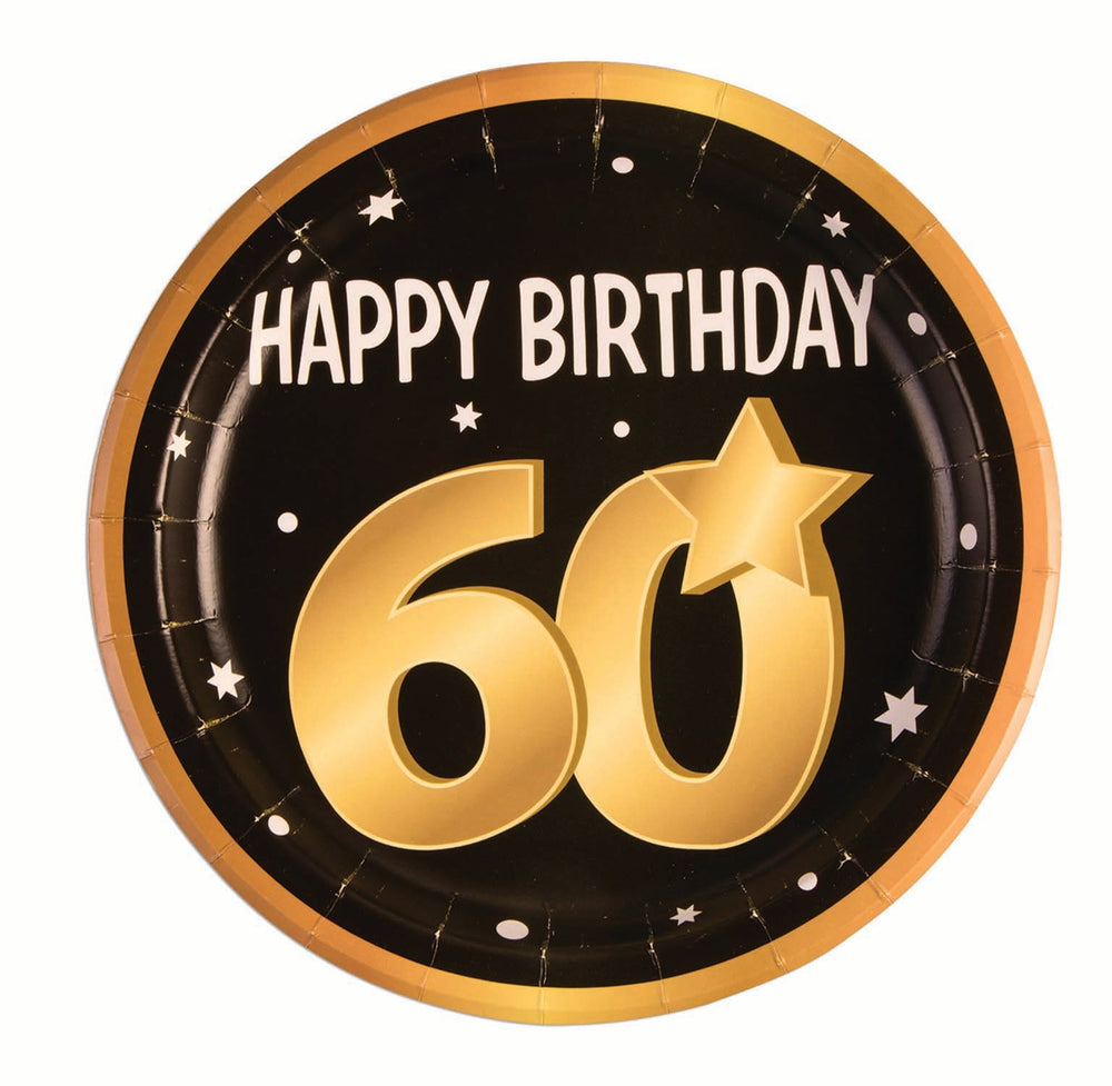 Size Chart 60th Birthday Paper Plates 8 in Packet Black Gold