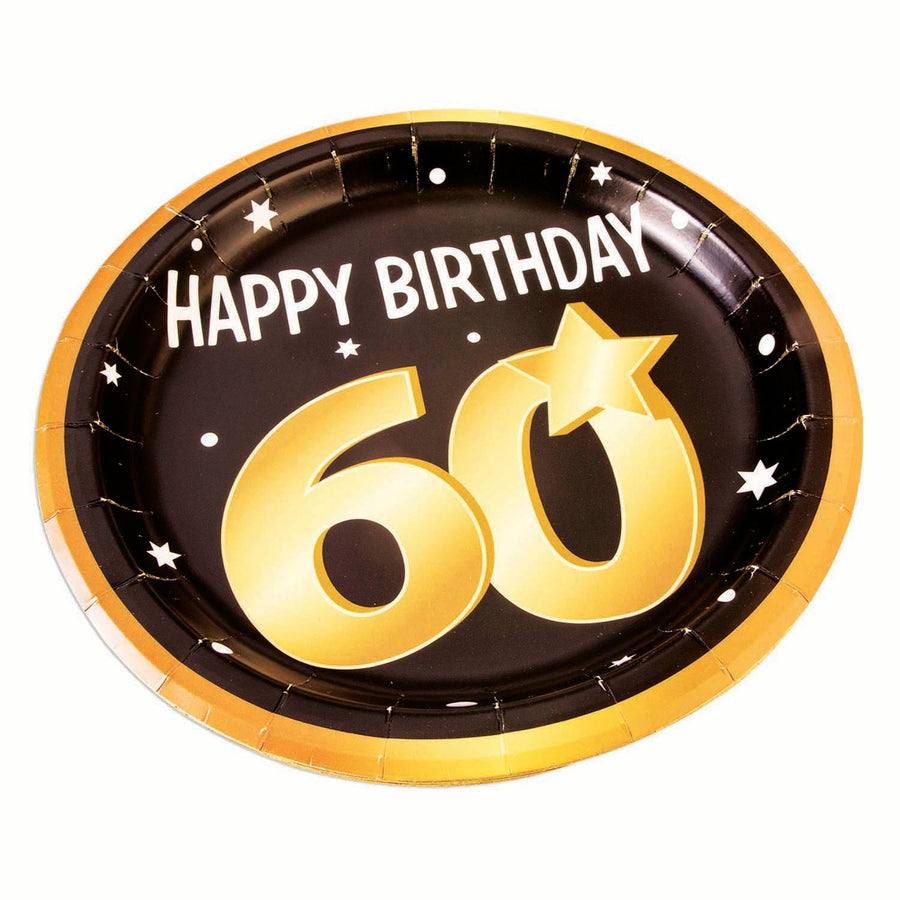 60th Birthday Paper Plates 8 in Packet Black Gold_1