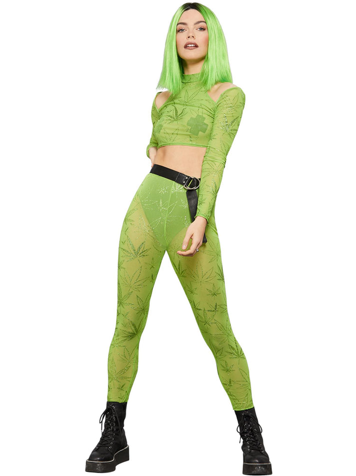 Fever Cannabis Sheer Green Crop Top and Leggings with Glitter Print