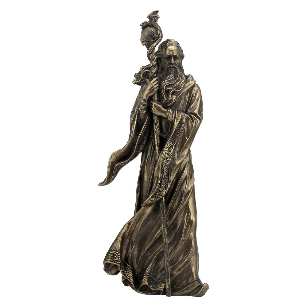 Bronze Wizard Merlin Figurine Arthurian Magic Sorcerer Ornament 28cm