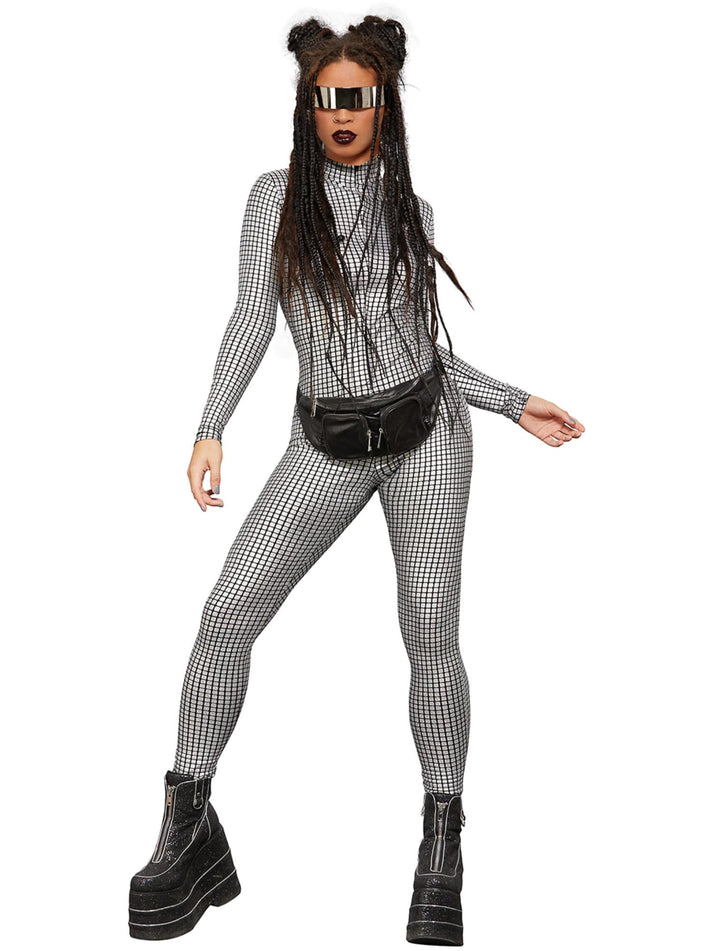 Fever Miss Whiplash Disco Holographic Costume Zip Up Silver and Black Catsuit