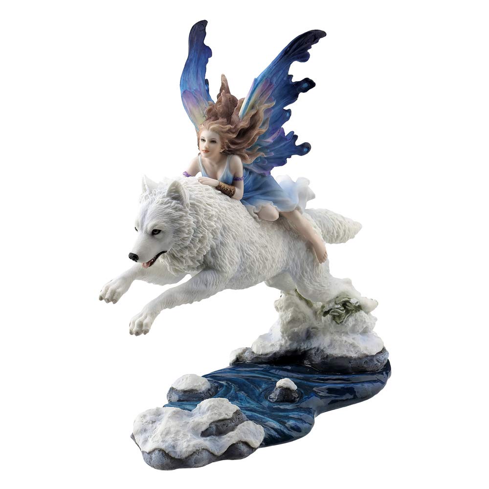 Free Spirit Figurine Fairy and White Winter Wolf Ornament 23.5cm