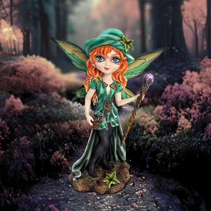 Forest Fae Fairy with Jewel Staff and Dragon Figurine 19cm