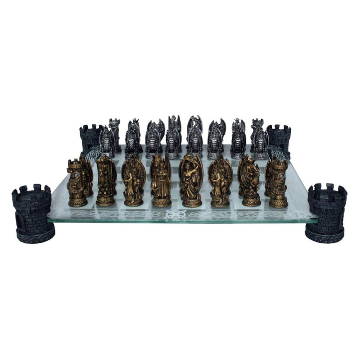 Raised Fantasy Kingdom Of The Dragon Chess Set With Corner Towers 43cm