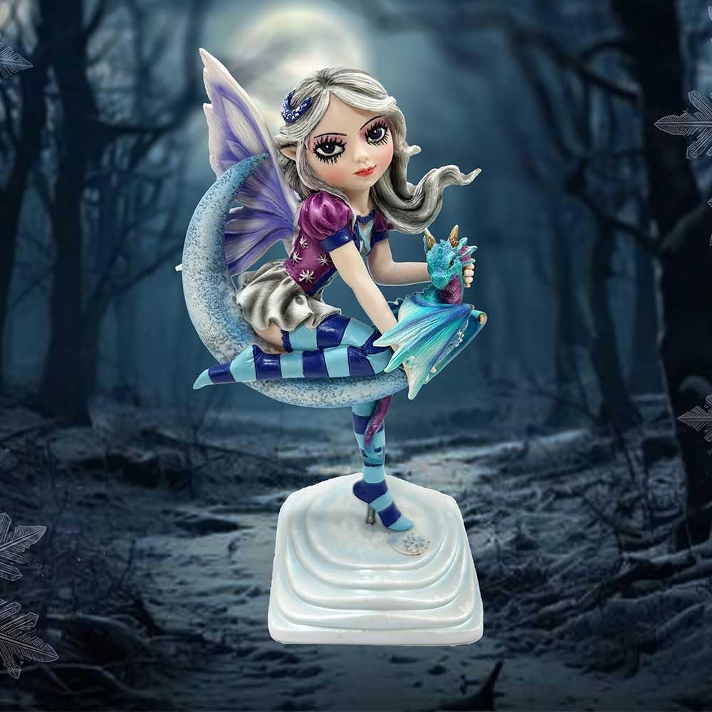 Lunar Fae Fairy Figurine with Dragon on Crescent Moon 20cm