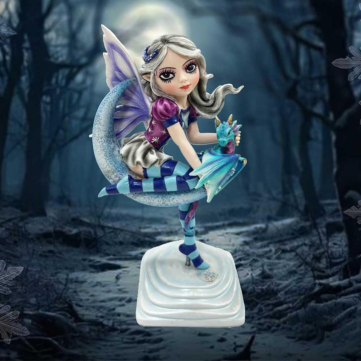 Lunar Fae Fairy Figurine with Dragon on Crescent Moon 20cm