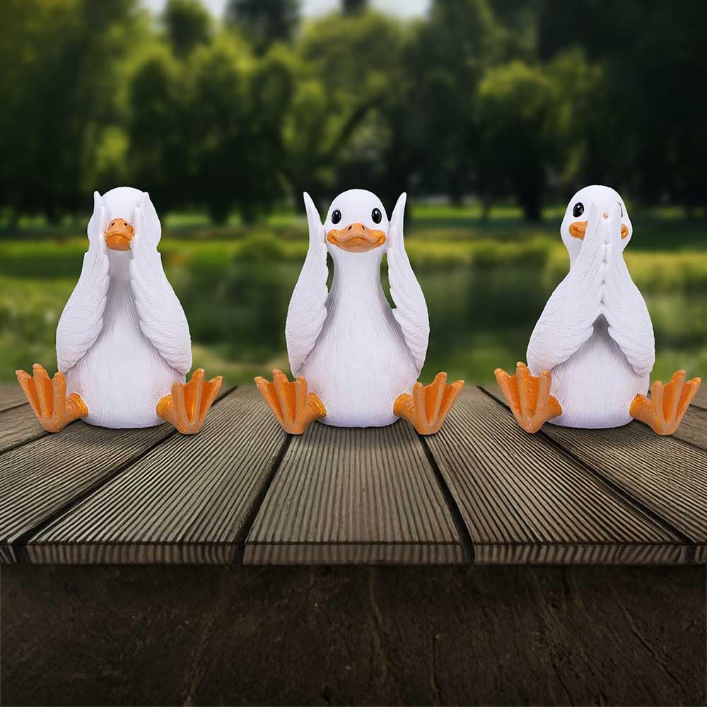 Three Wise Goofy Geese Figurines in See no Hear Speak Evil Poses 8.5cm