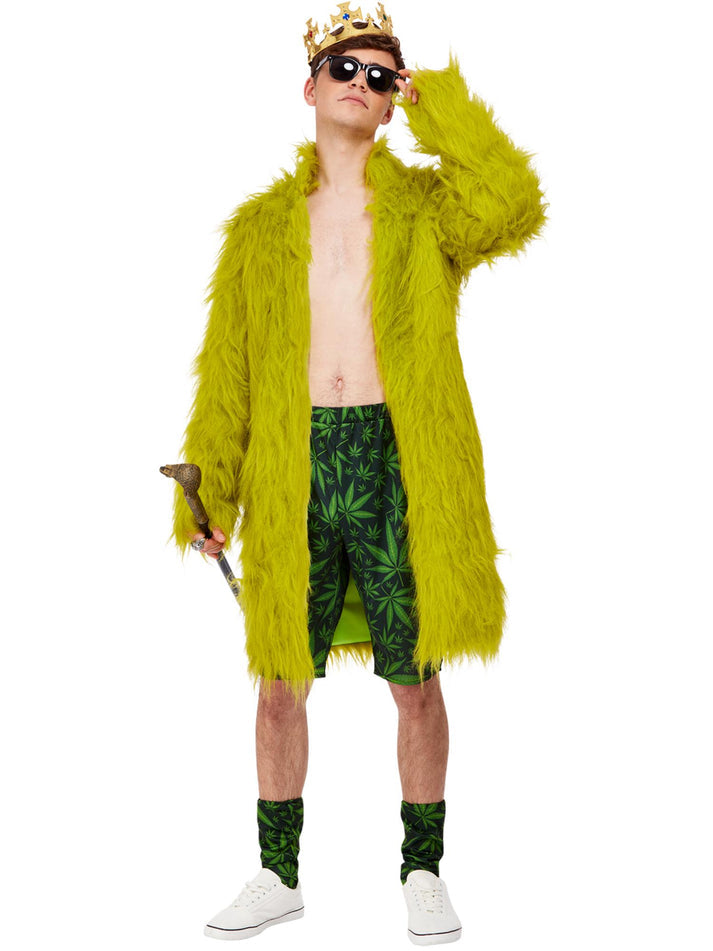 Cannabis King Costume Green Coat Shorts Socks and Gold Coloured Crown
