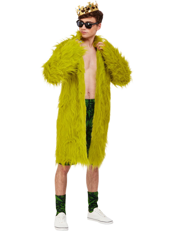 Cannabis King Costume Green Coat Shorts Socks and Gold Coloured Crown