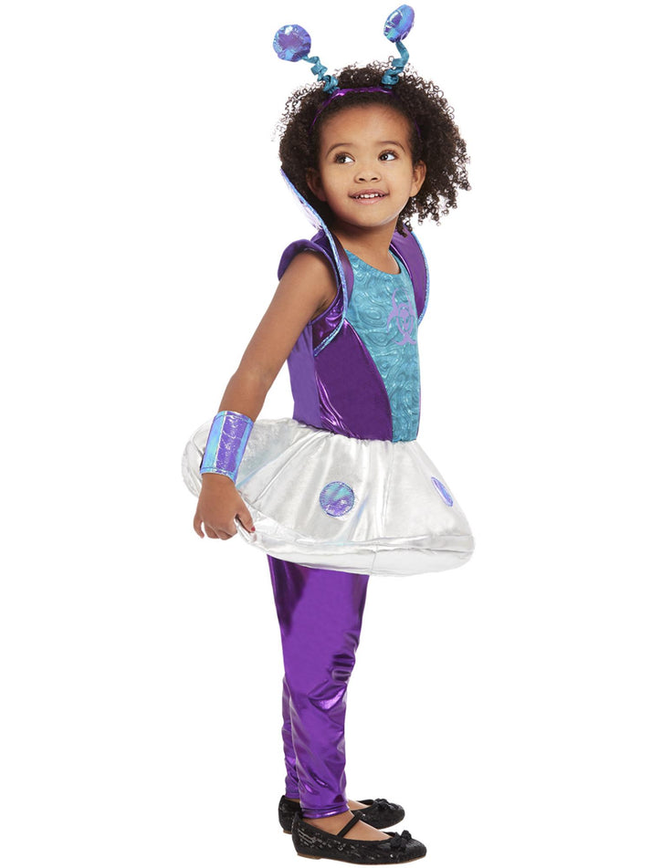 Alien Costume Toddler Silver Dress Purple Leggings Wrist Cuffs and Headband