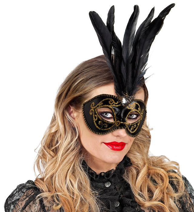 Gold Black Eyemask With Gem & Feathers