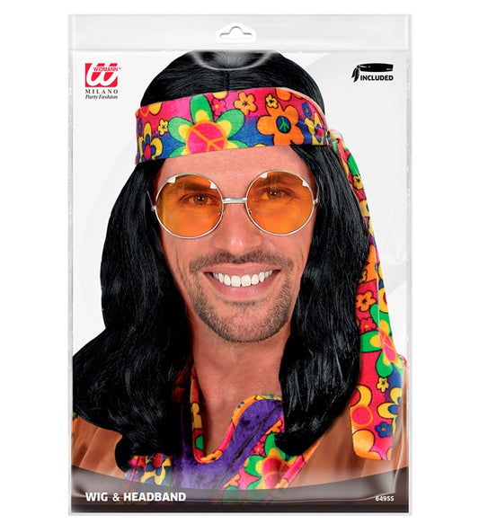 “Hippie Dude Wig With Headband” Black - In Polybag