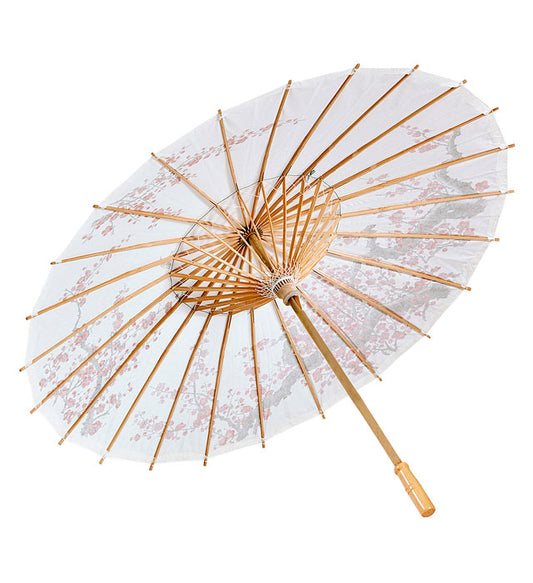 Decorated White Rice Paper Oriental Parasol With Wooden Structure Ø 84 Cm