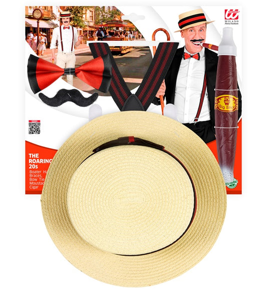 The Roaring 20S Fashion Boater Hat, Braces, Bow Tie, Moustache, Cigar
