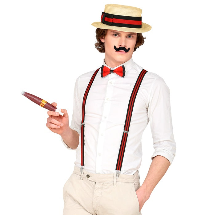 The Roaring 20S Fashion Boater Hat, Braces, Bow Tie, Moustache, Cigar