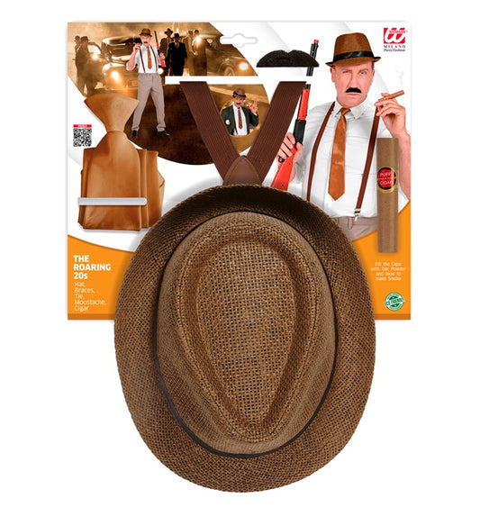 The Roaring 20S Fashion Hat, Braces, Tie, Moustache, Cigar