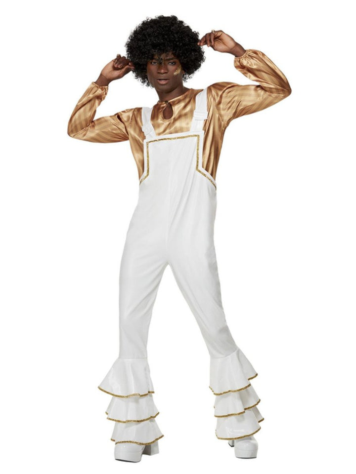 70s Glam Costume ABBA Adult White Gold Jumpsuit Shirt_2