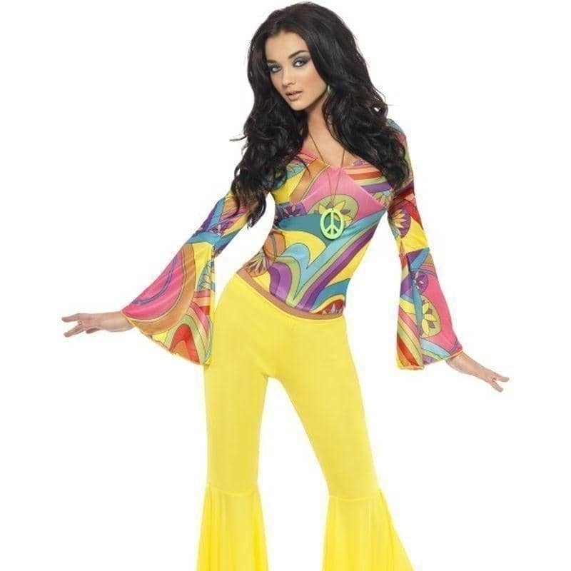 70s Groovy Babe Costume Adult Yellow Flared Trousers Multi Coloured Top_1