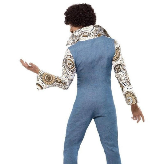 70s Groovy Dancer Costume Adult Blue Floral Jumpsuit 2