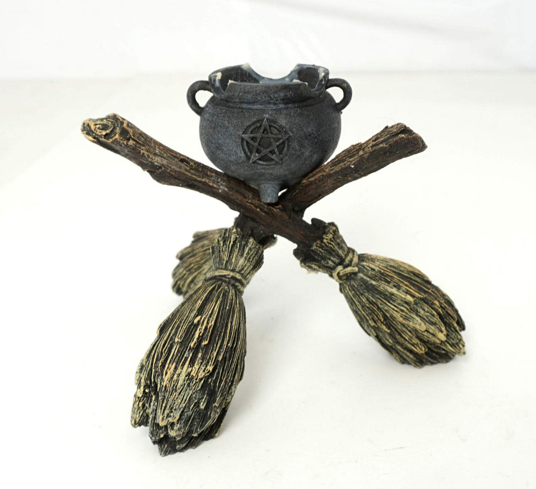 Witch Wiccan Witchcraft Broomstick Crystal Ball Holder 17cm