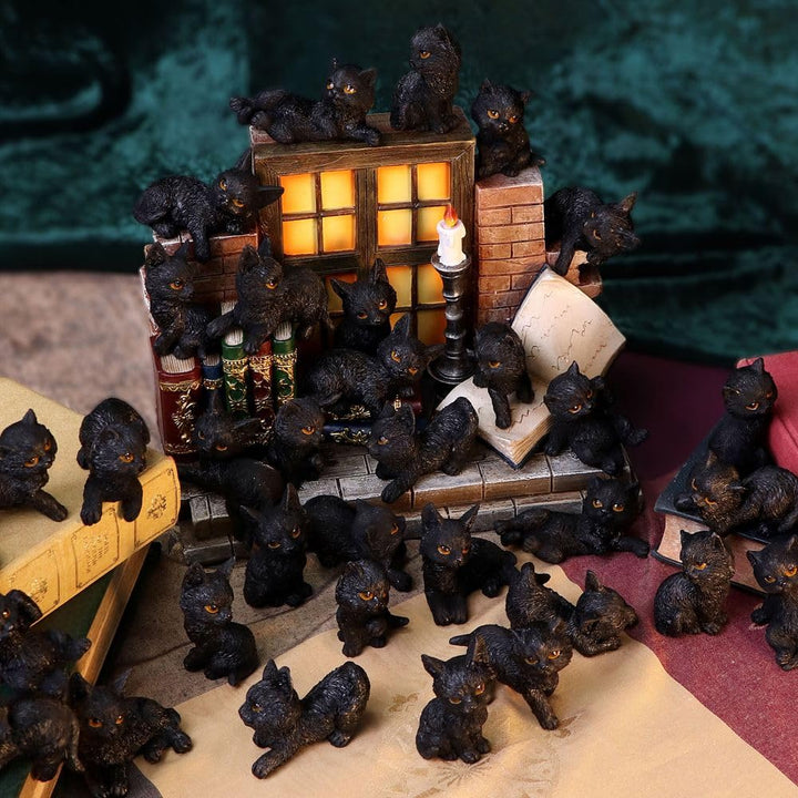 The Witches Litter Display of 36 Black Cat Familiars with a Decorated Stand 24.8cm