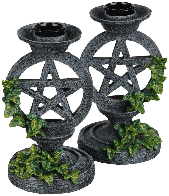 Pair of Aged Ivy Pentagram Candlesticks Gothic Candle Holders 13.4cm