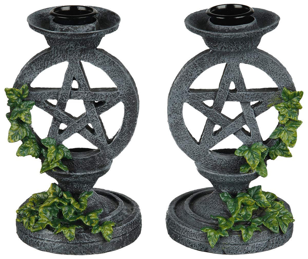 Pair of Aged Ivy Pentagram Candlesticks Gothic Candle Holders 13.4cm