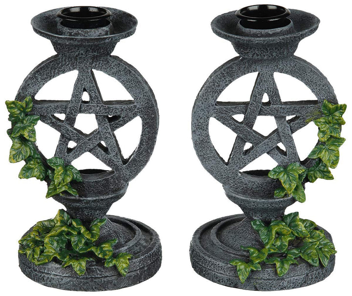 Pair of Aged Ivy Pentagram Candlesticks Gothic Candle Holders 13.4cm