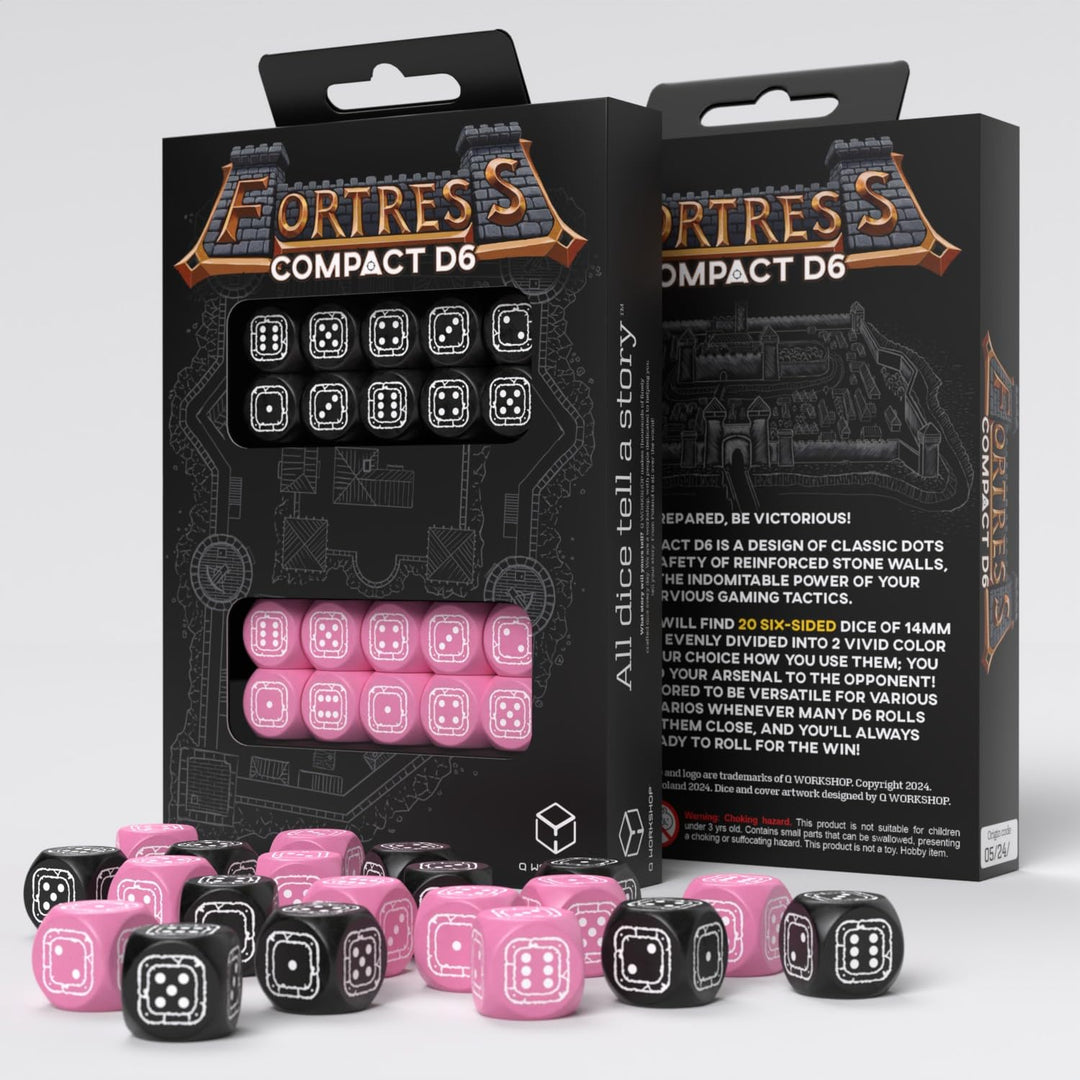 Fortress Compact D6: Black & Pink by Q-Workshop, Dice for RPG Board Games, for 1+ Players and Ages 14+