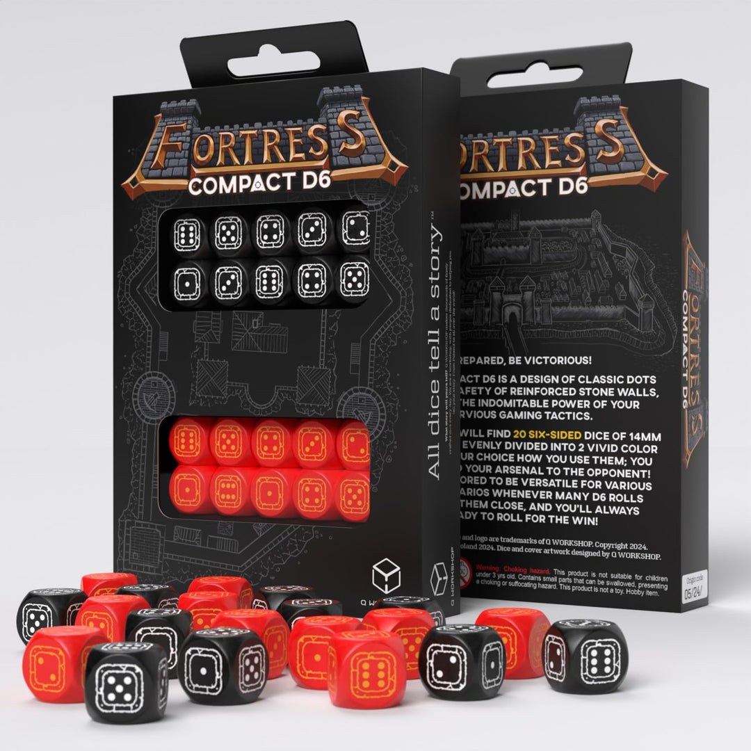 Fortress Compact D6: Black & Red by Q-Workshop, Dice for RPG Board Games, for 1+ Players and Ages 14+