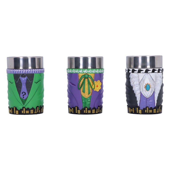 DC Batman Villain Mini Cup Set Featuring The Joker Riddler and Penguin Super-Villain Collectible
