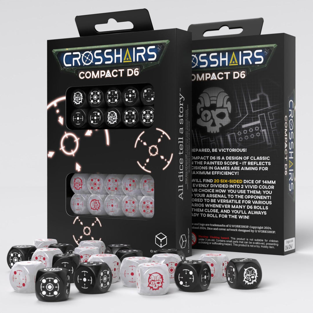 Crosshairs Compact D6: Black & Pearl by Q-Workshop, Dice for RPG Board Games, for 1+ Players and Ages 14+