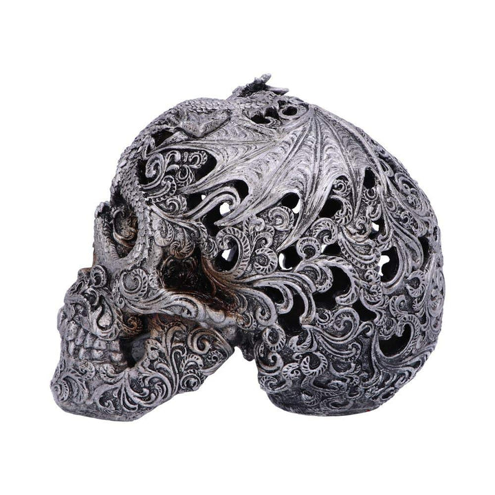 Silver Cranial Drakos Engraved Dragon Skull Ornament 19.5cm