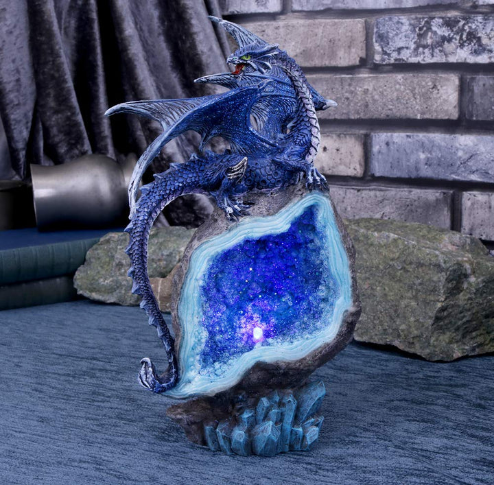 Cobalt Custodian Fantasy Blue Dragon Sitting on a Geode 23cm