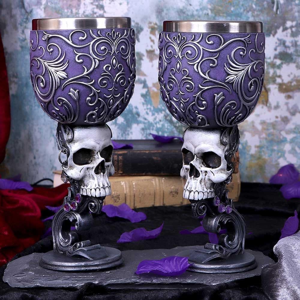 Deaths Desire Twin Skull Heart Set of Two Goblets 18.5cm 2
