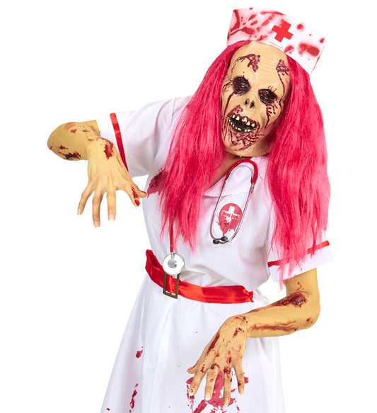 Zombie Nurse Half Face Mask With Wig & Headpiece