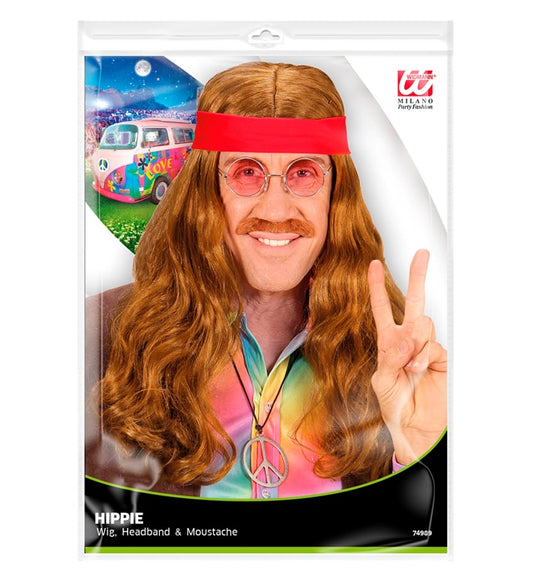 Hippie Wig With Red Headband & Moustache In Polybag