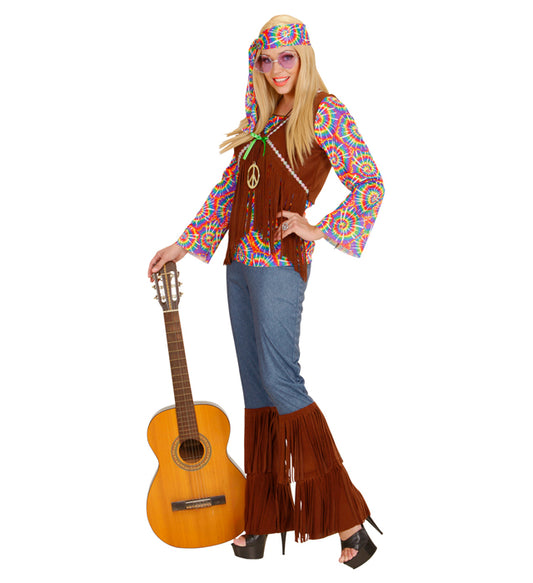 Psychedelic Hippie Woman Shirt With Vest, Pants, Headband, Necklace