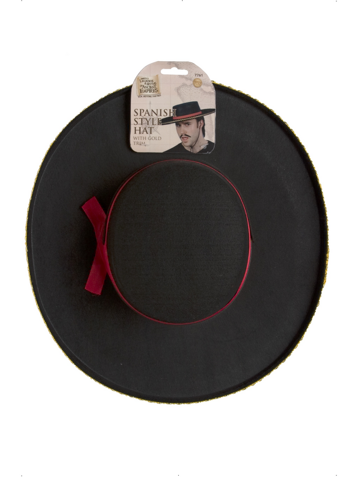 Spanish Hat Black with Gold Trim Red Band and Cord Zorro Costume Accessory